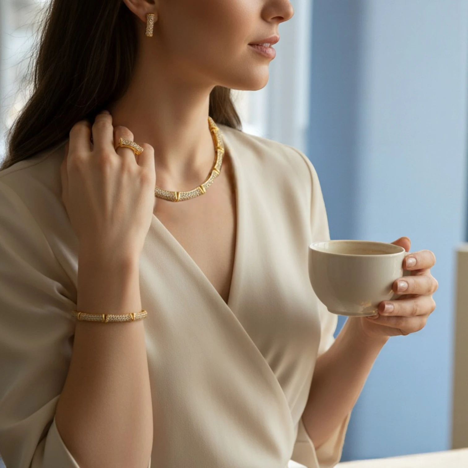 Zirkon Taşlı İnce Bambo Set - Beyaz