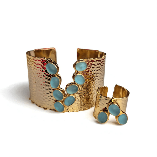 Gold Plated Cat's Eye Oval Stone Cuff Set - Turquoise