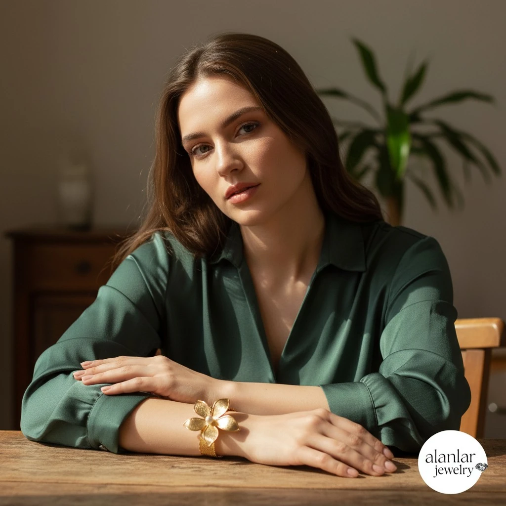 Gold Plated Natural Pearl Floral Cuff Bracelet