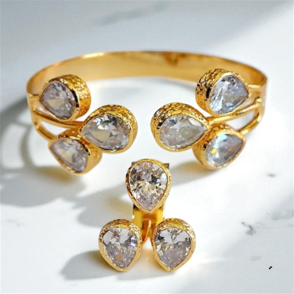 Gold Plated Zircon Drop Stone Set - Beyaz