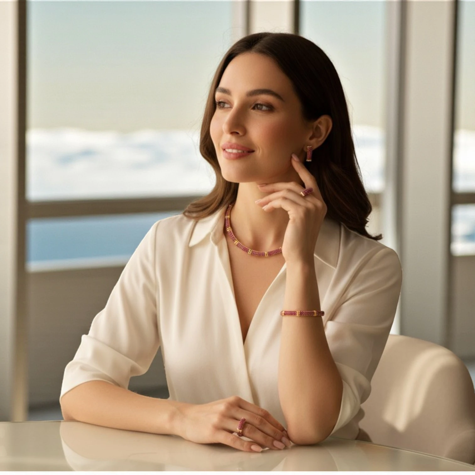 Zirkon Taşlı İnce Bambo Set - Fuşya