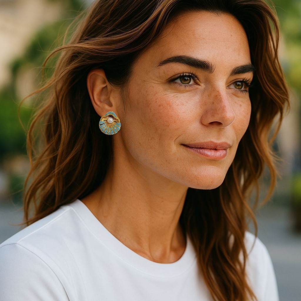 Gold-Plated Seashell Design Earrings - Turkuaz Beyaz İncili