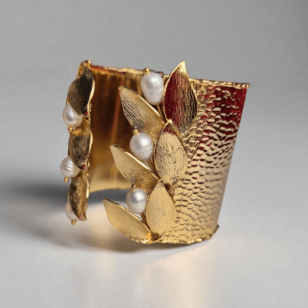 Gold Plated Natural Pearl Leaf Cuff Set