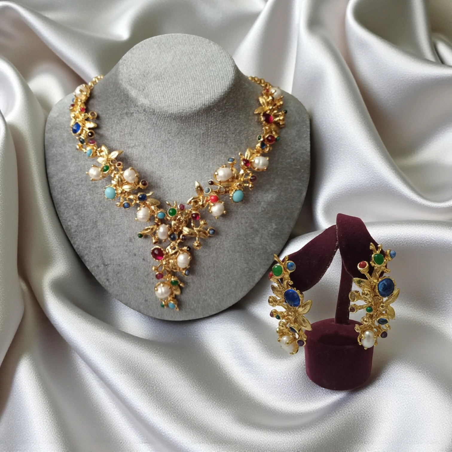 Handmade Gold Plated Natural Pearl and Stone Set