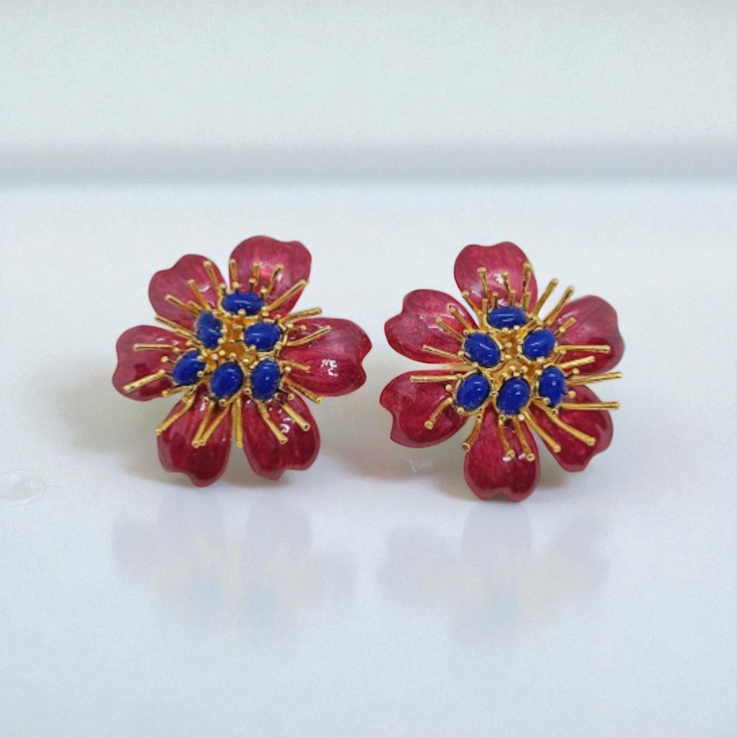 Gold Plated Enameled Flower Earrings - Red