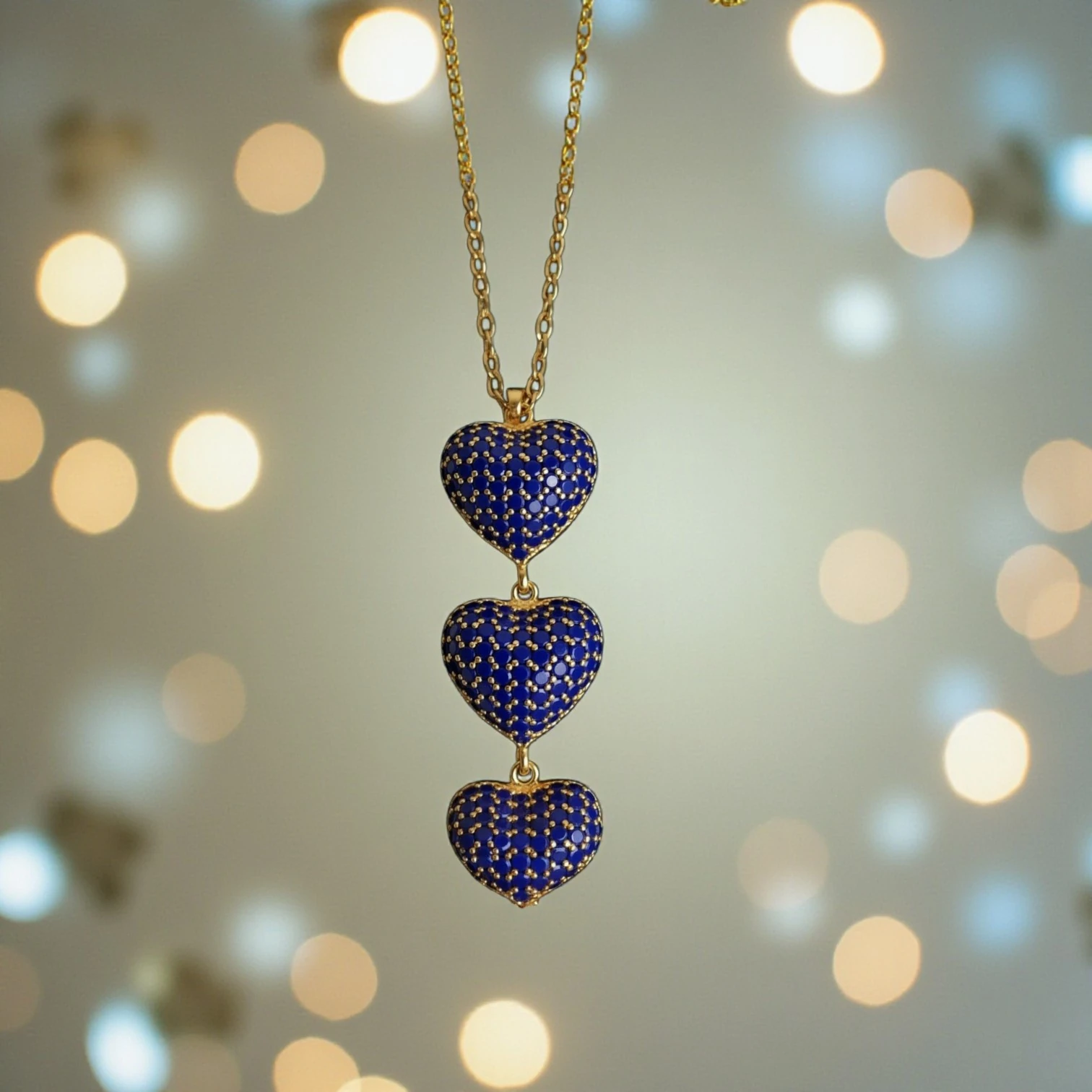 Zirkon Taşlı Altın Kaplamalı Kalpli Kolye - Lacivert