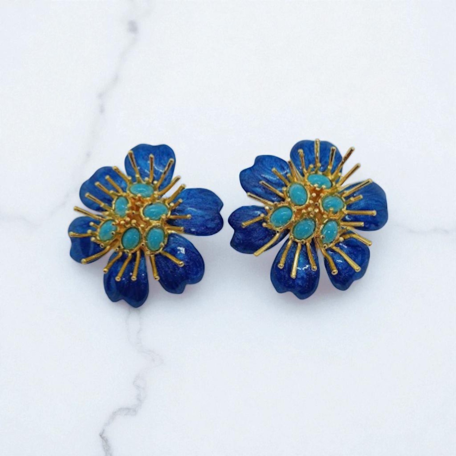 Gold Plated Enameled Flower Earrings - Navy blue