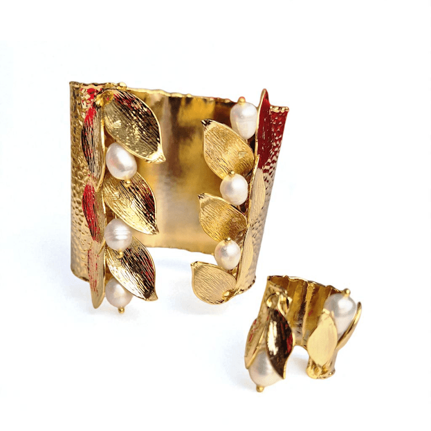 Gold Plated Natural Pearl Leaf Cuff Set