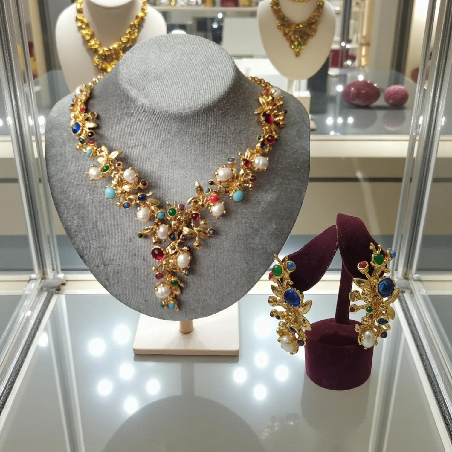 Handmade Gold Plated Natural Pearl and Stone Set