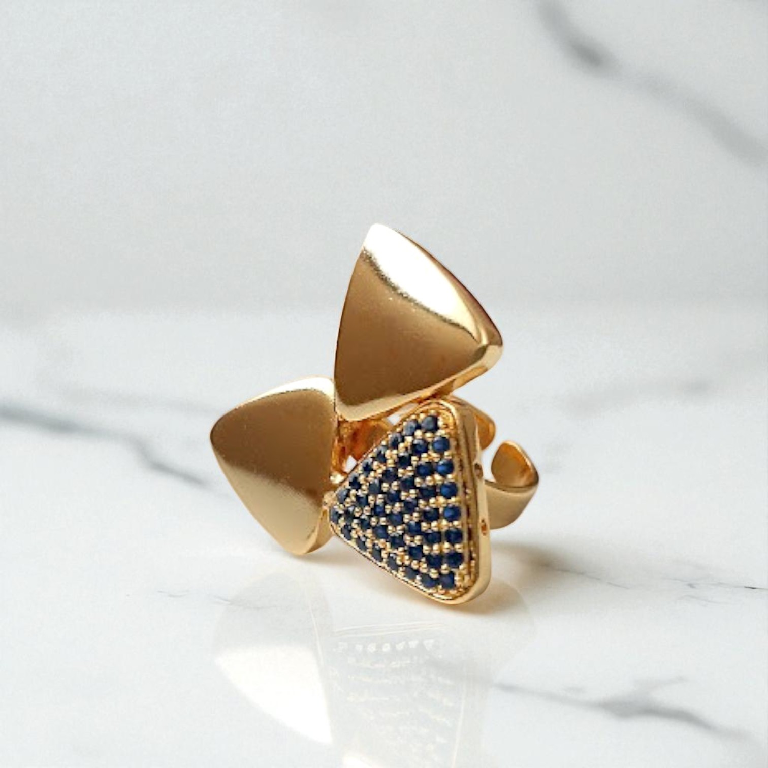 Gold Plated Zircon Triangle Rings - Navy blue