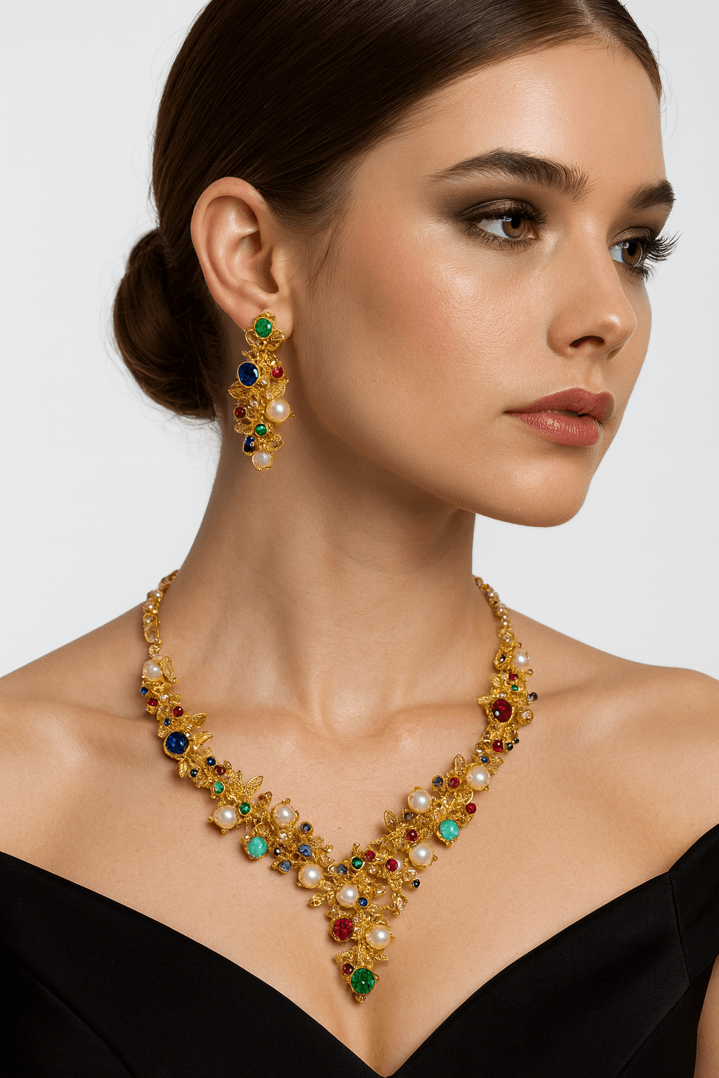 Handmade Gold Plated Natural Pearl and Stone Set - Mixed color