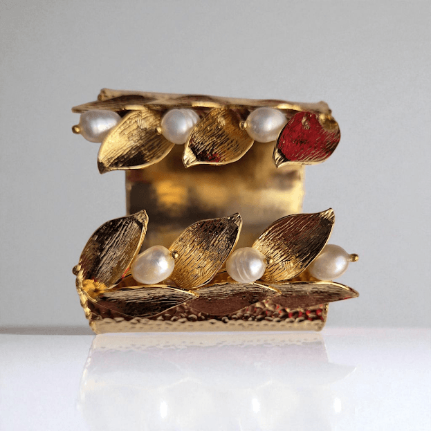 Gold Plated Natural Pearl Leaf Cuff Set