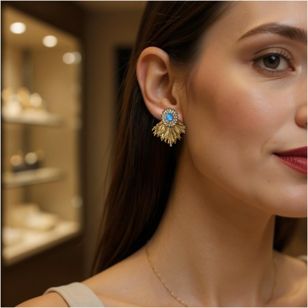 Altın Kaplamalı Zirkon Taşlı Yapraklı Anturaj Küpe - Aquamarine