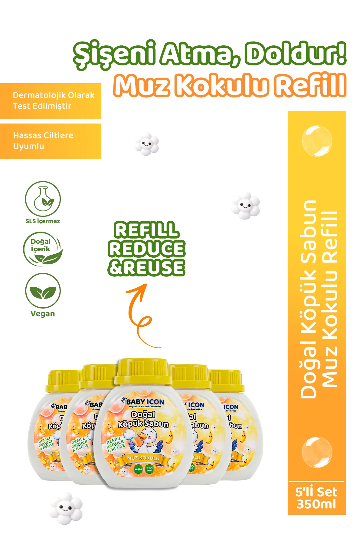 5li Yedek Dolum - Baby Icon Doğal Çocuk Köpük Sabun 350 ml Muz Kokulu