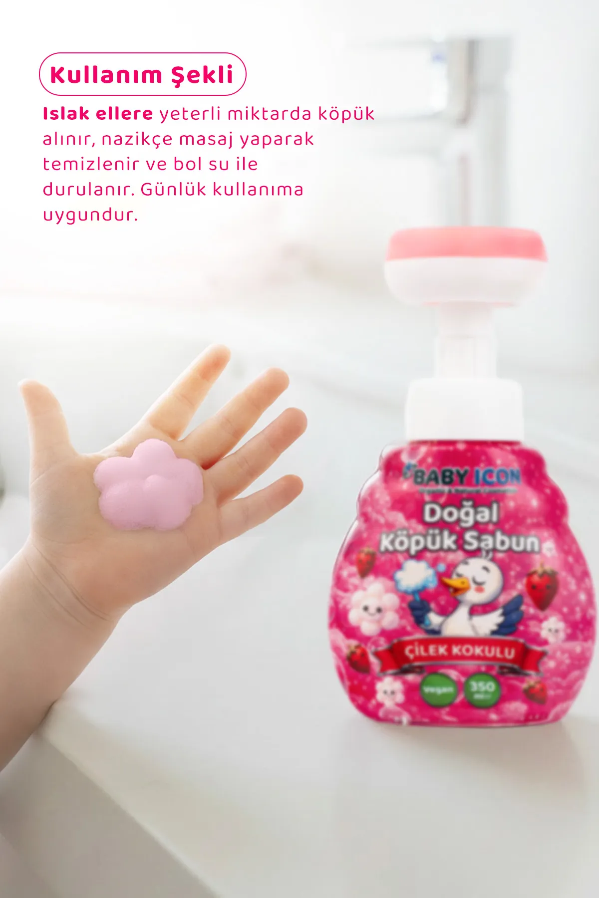 Doğal Vegan Çilekli Çiçek Şekilli Köpük El Sabunu -Babyicon