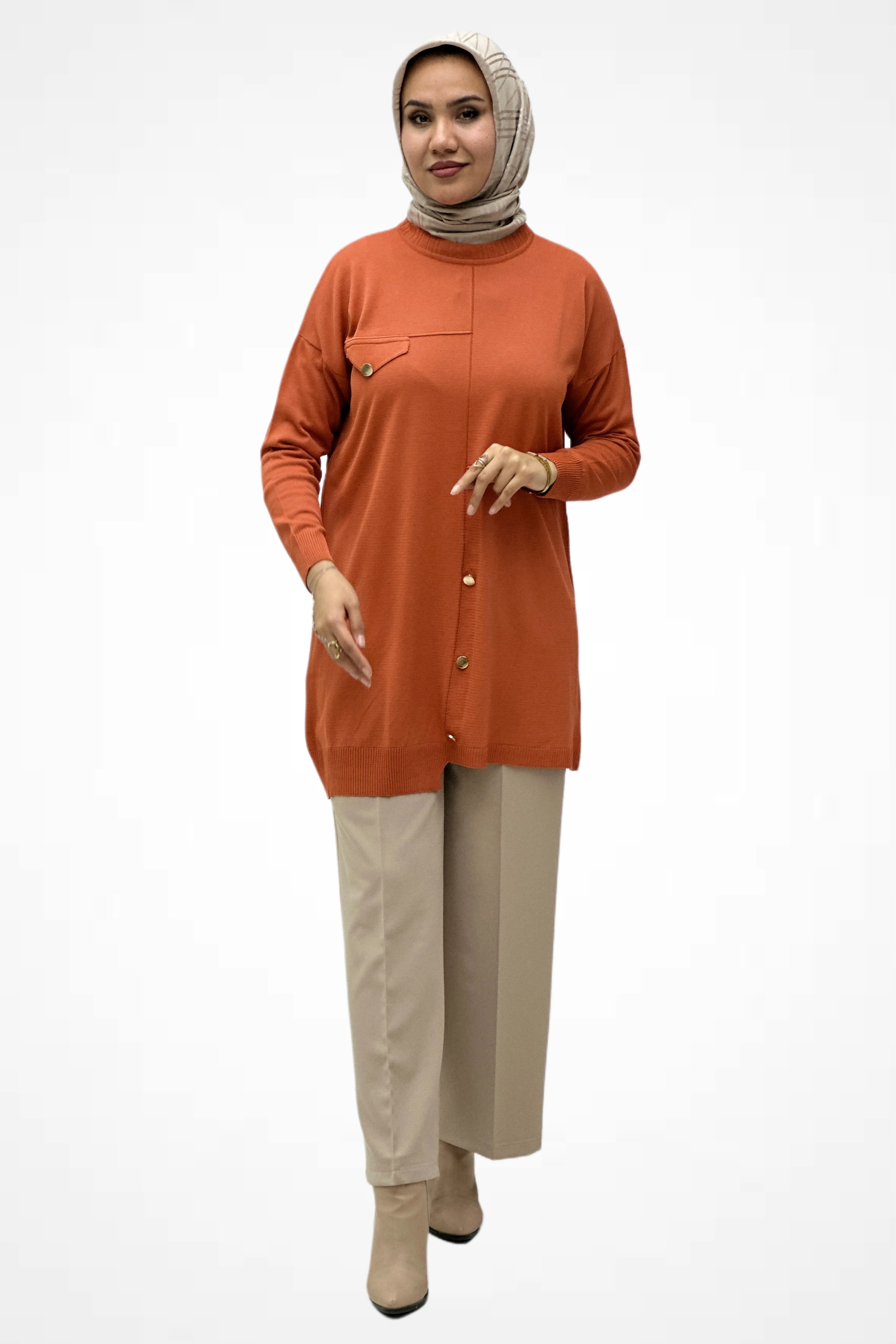 Gold Düğme Detaylı Merserize Tunik 35238