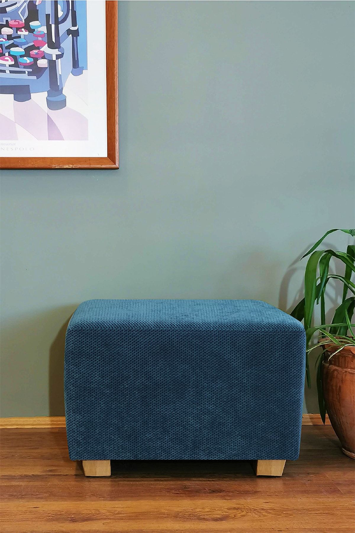 Ahşap Ayaklı Dikdörtgen Puf - Petrol Yeşili