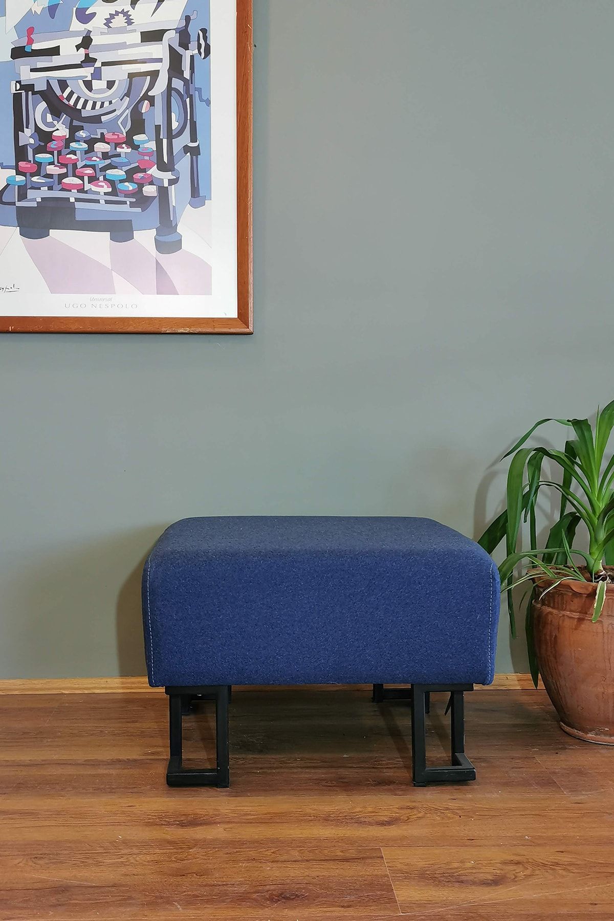 Metal Ayaklı Kare Puf - Mavi