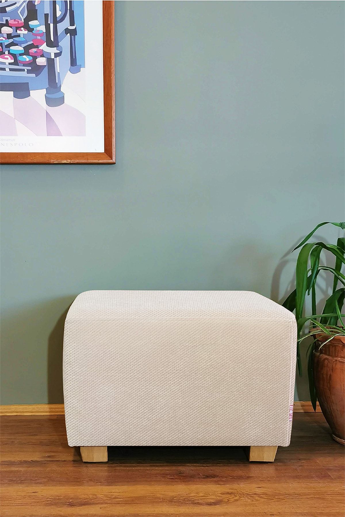 Ahşap Ayaklı Dikdörtgen Puf - Krem
