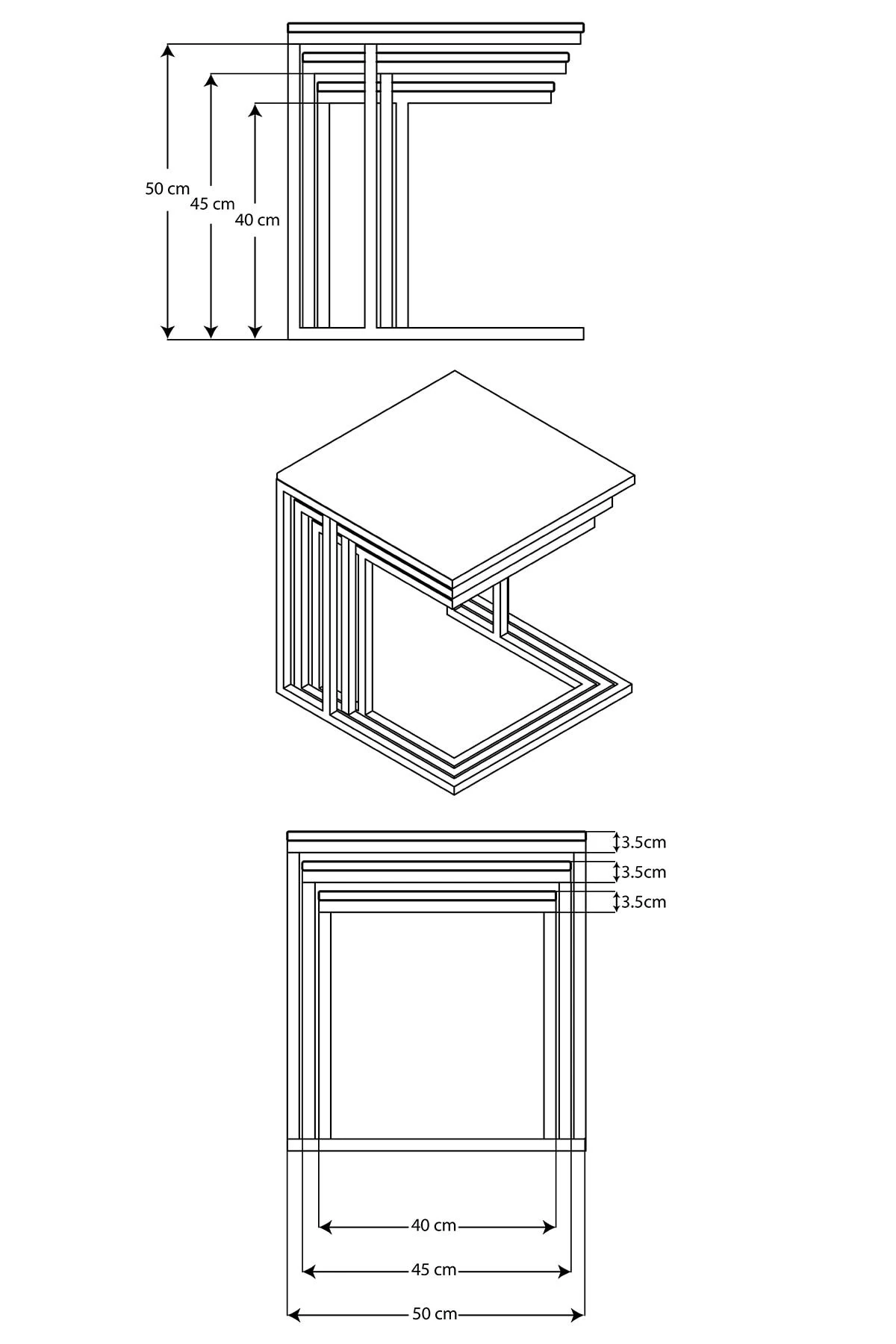  Masif Ahşap Metal Ayaklı 3'lü Zigon C Sehpa