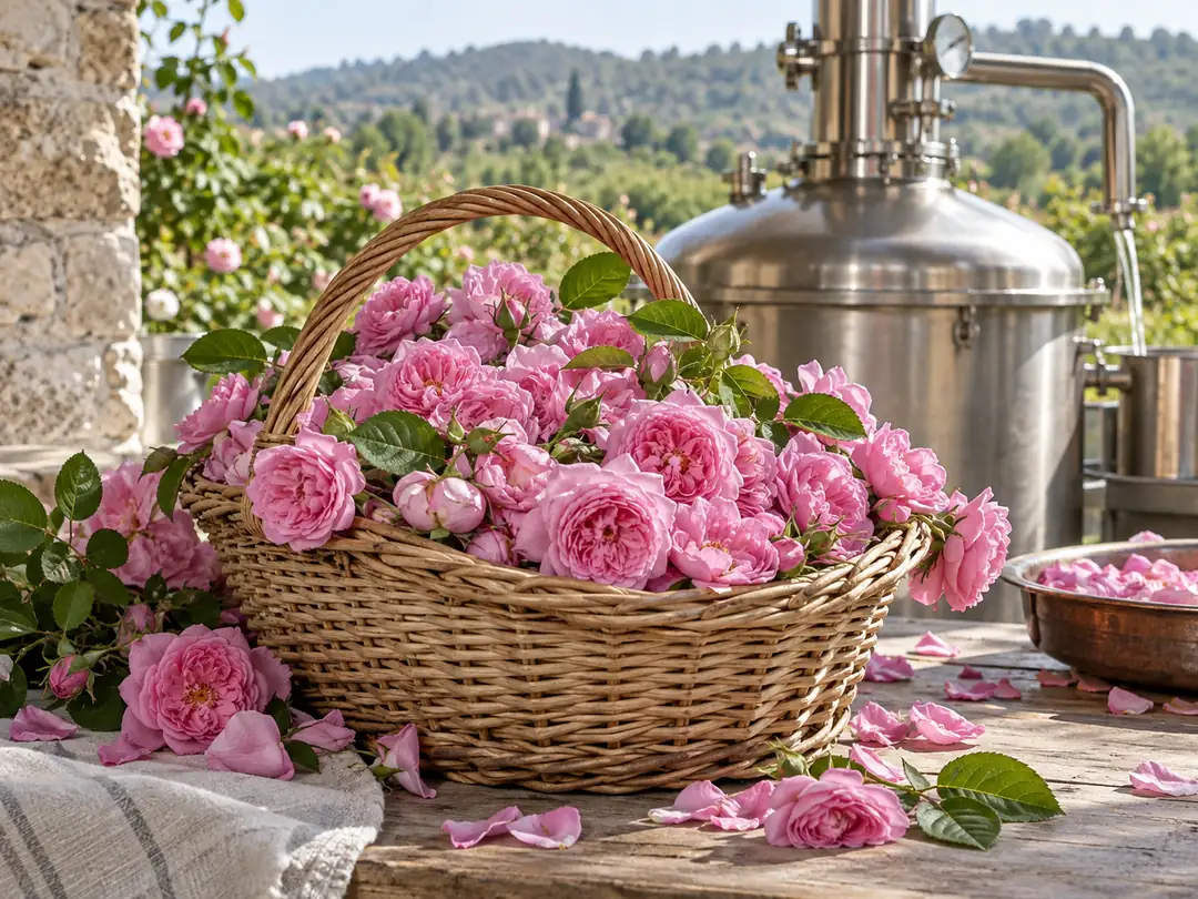 Gül yağı üretimini temsil eden taze Rosa damascena çiçekleri ve damıtma kazanı