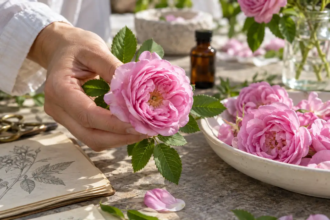 Pembe Rosa damascena çiçeği ve yapraklarını inceleyen el
