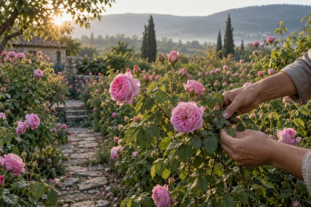 Pembe Şam güllerini bahçede inceleyen bahçıvanın elleri