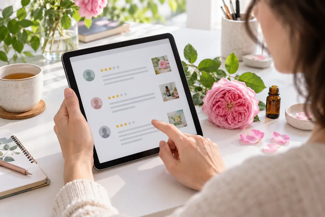 Tablet üzerinden gül yağı yorumlarını inceleyen kişinin temsili görünümü