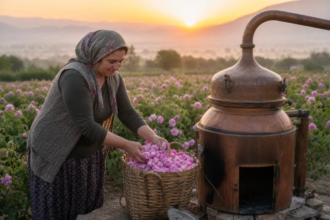 Isparta’da Rosa damascena gülleri ve bakır imbikte gül yağı distilasyonu