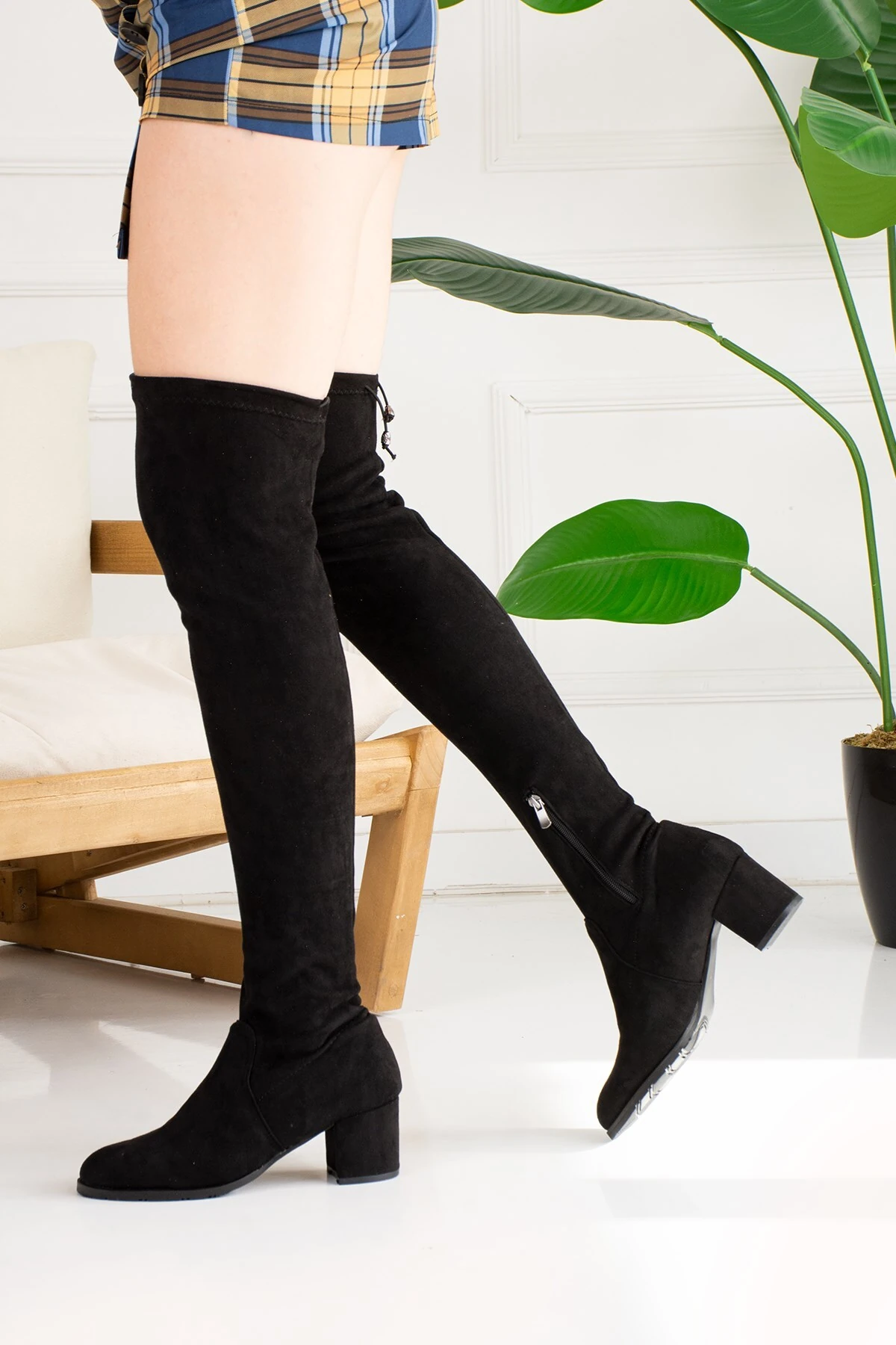 Allyup Günlük Siyah Streç Çorap Süet Kalın Topuk Diz Üstü Kadın Çizme Fermuarlı Bağcıklı Dizüstü Bot 173