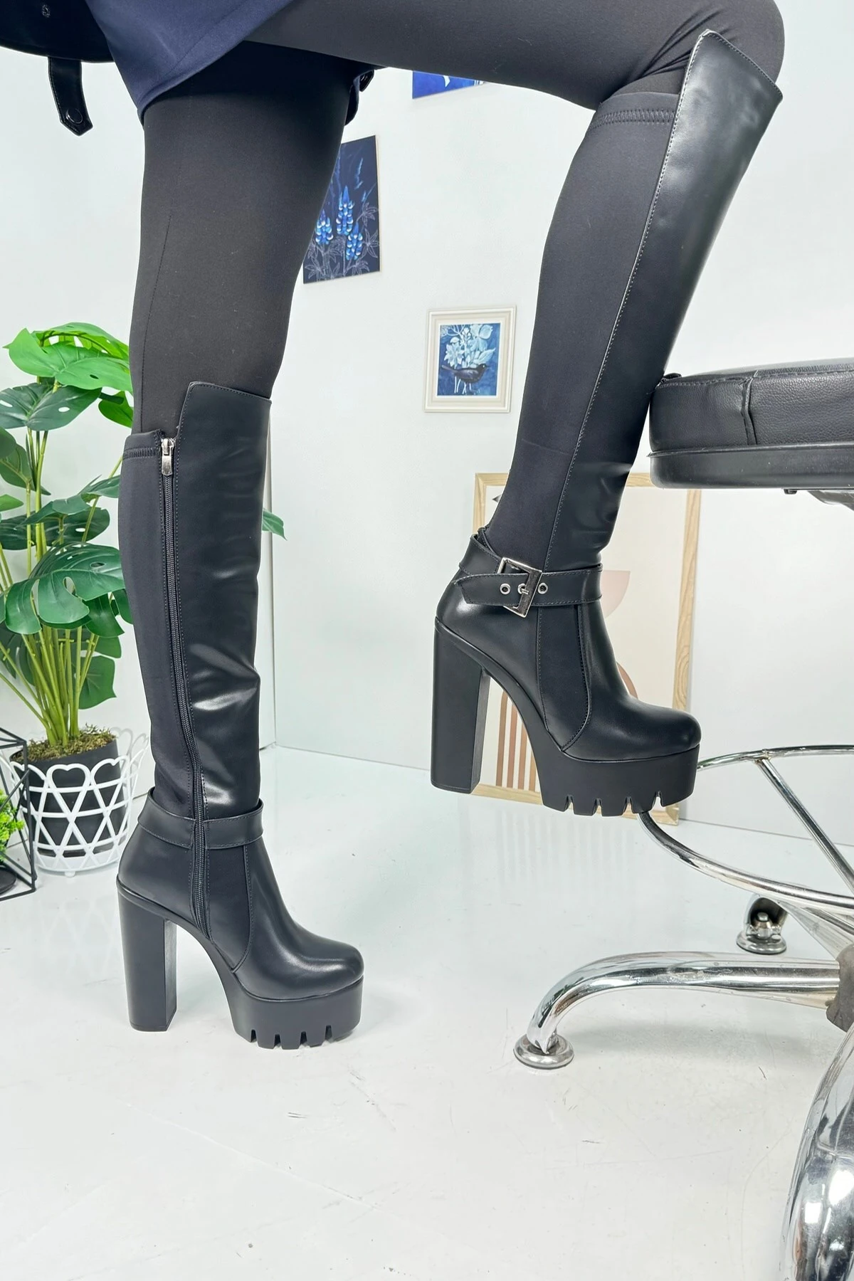 Günlük Kadın Çizme Kalın Yüksek Platform Topuklu Dalgıç Kumaş Ayarlanabilir Tokalı Oval Burunlu 363