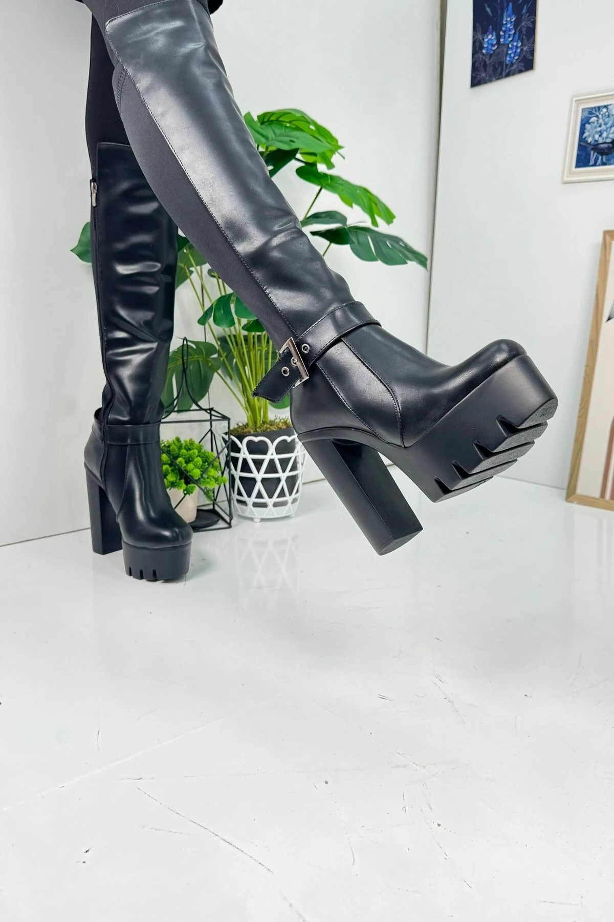 Günlük Kadın Çizme Kalın Yüksek Platform Topuklu Dalgıç Kumaş Ayarlanabilir Tokalı Oval Burunlu 363