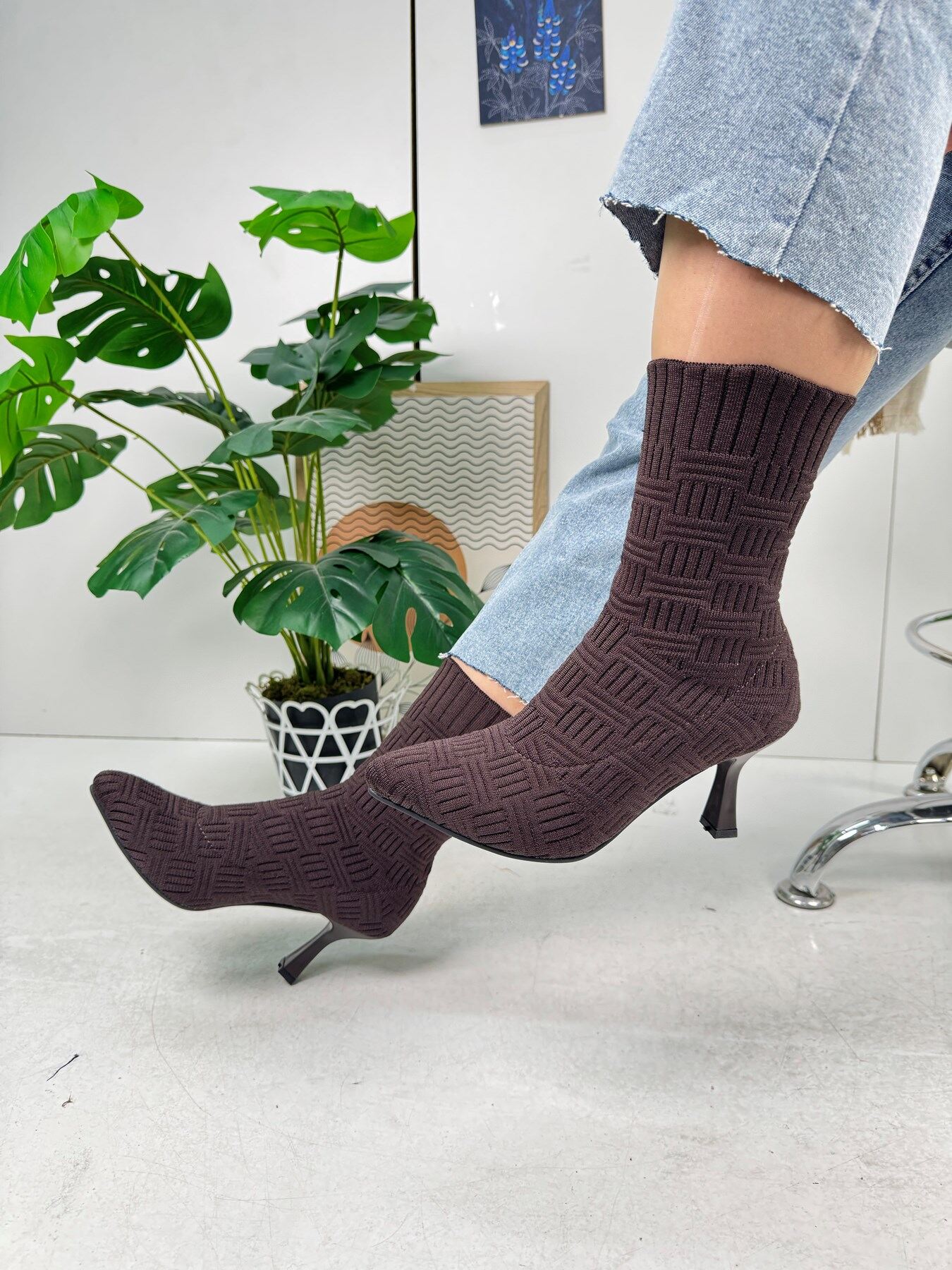 Günlük Kadın Bot Yüksek İnce Topuklu Triko Esnek Sivri Burunlu Tırtıklı Taban Rahat Bootie 170
