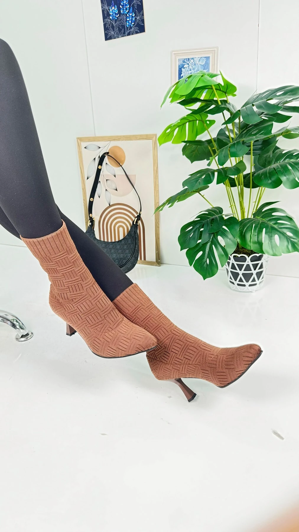 Günlük Kadın Bot Yüksek İnce Topuklu Triko Esnek Sivri Burunlu Tırtıklı Taban Rahat Bootie 170