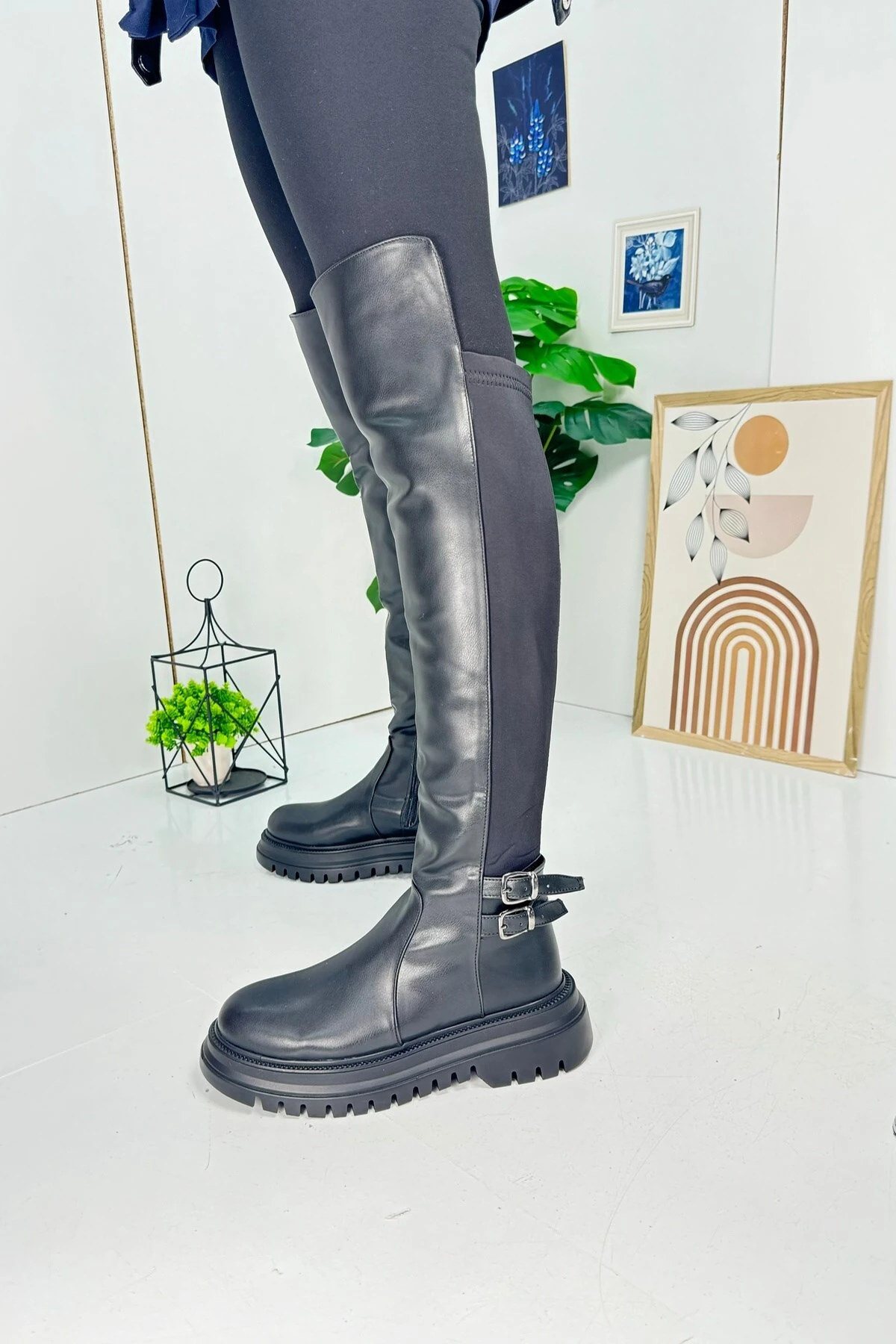 Günlük Kadın Çizme Kalın Tırtıklı Taban Dalgıç Kumaş Tokalı Dizüstü Fermuarlı Oval Burunlu 367