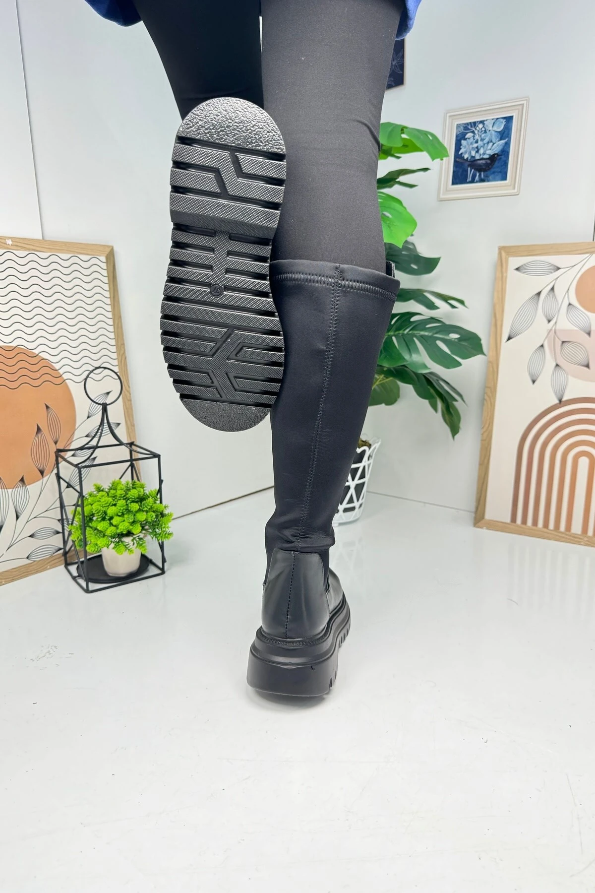 Günlük Kadın Çizme Kalın Tırtıklı Taban Dalgıç Kumaş Esnek Diz Altı Fermuarlı Oval Burunlu Rahat 365