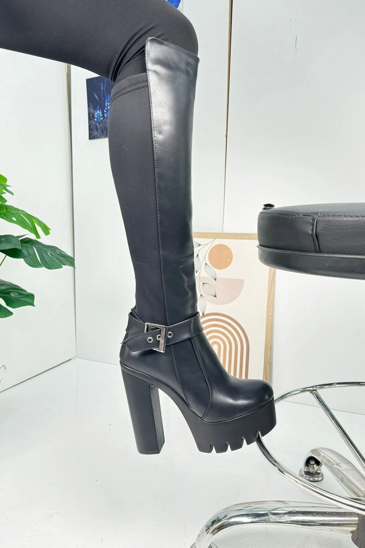 Günlük Kadın Çizme Kalın Yüksek Platform Topuklu Dalgıç Kumaş Ayarlanabilir Tokalı Oval Burunlu 363