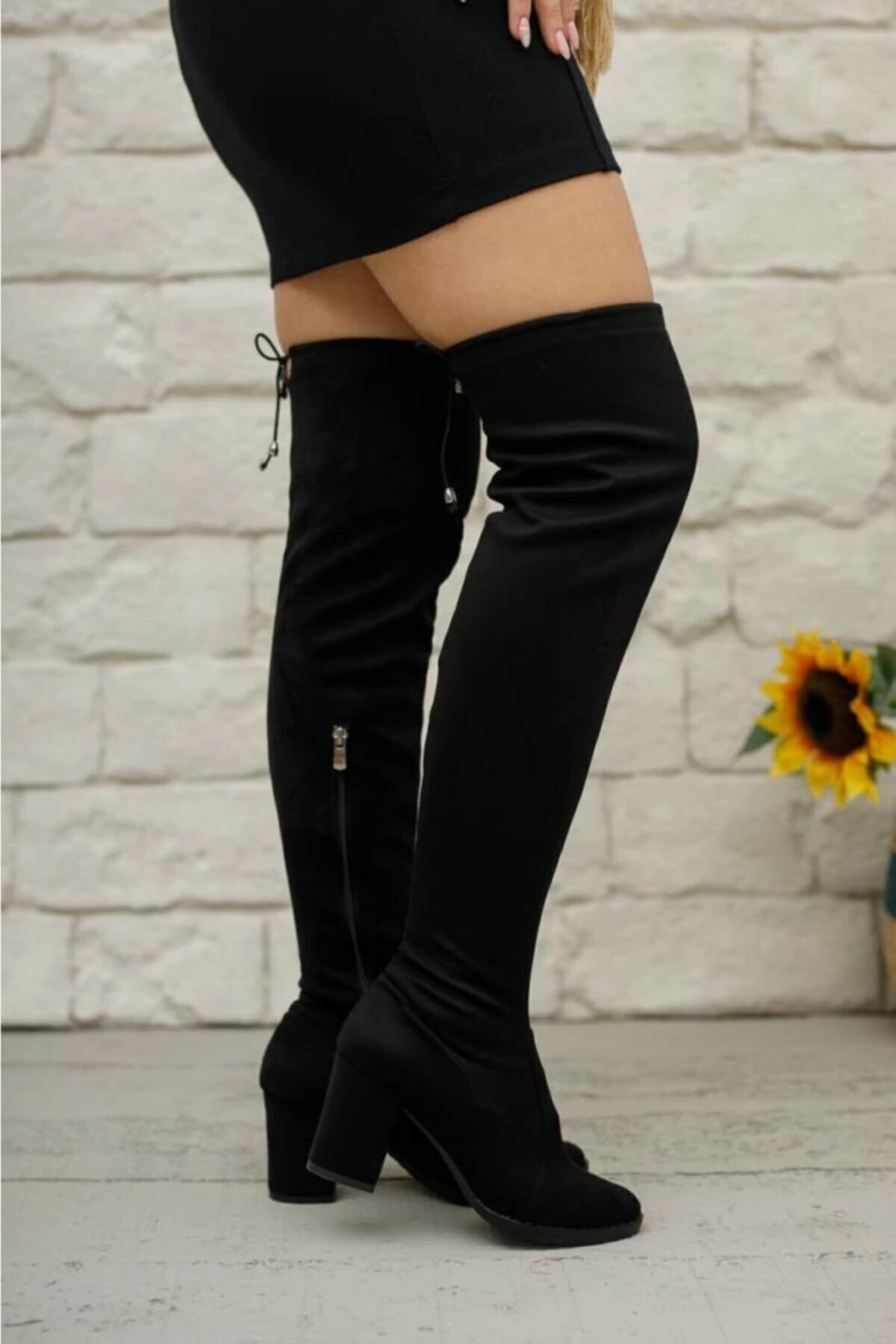 Allyup Günlük Siyah Streç Çorap Süet Kalın Topuk Diz Üstü Kadın Çizme Fermuarlı Bağcıklı Dizüstü Bot 173