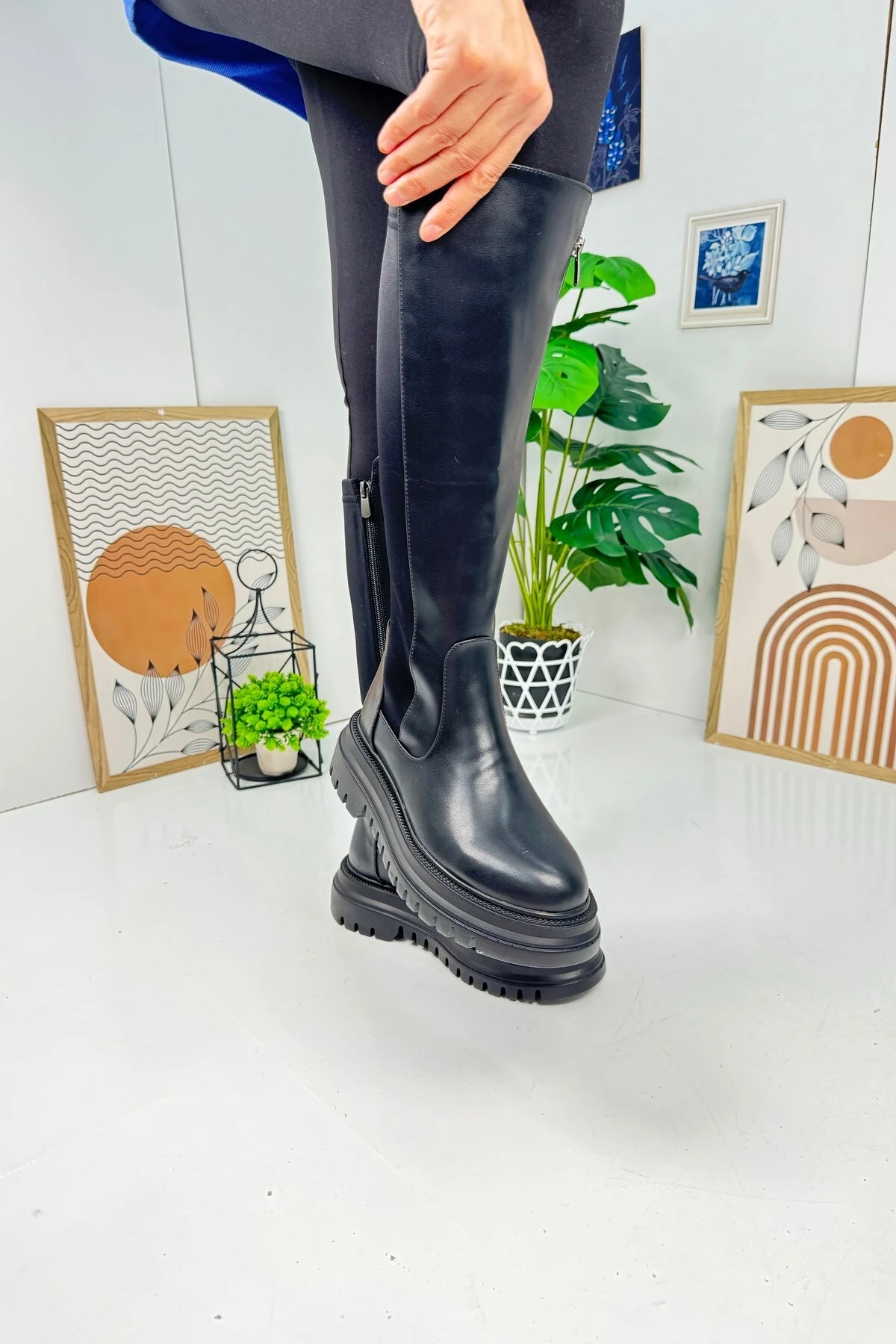 Günlük Kadın Çizme Kalın Tırtıklı Taban Dalgıç Kumaş Esnek Diz Altı Fermuarlı Oval Burunlu Rahat 365