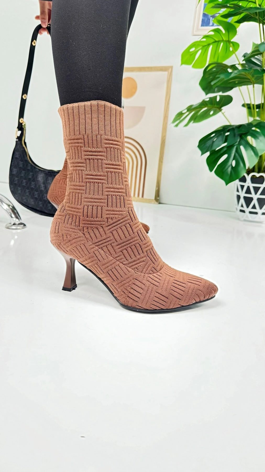Günlük Kadın Bot Yüksek İnce Topuklu Triko Esnek Sivri Burunlu Tırtıklı Taban Rahat Bootie 170
