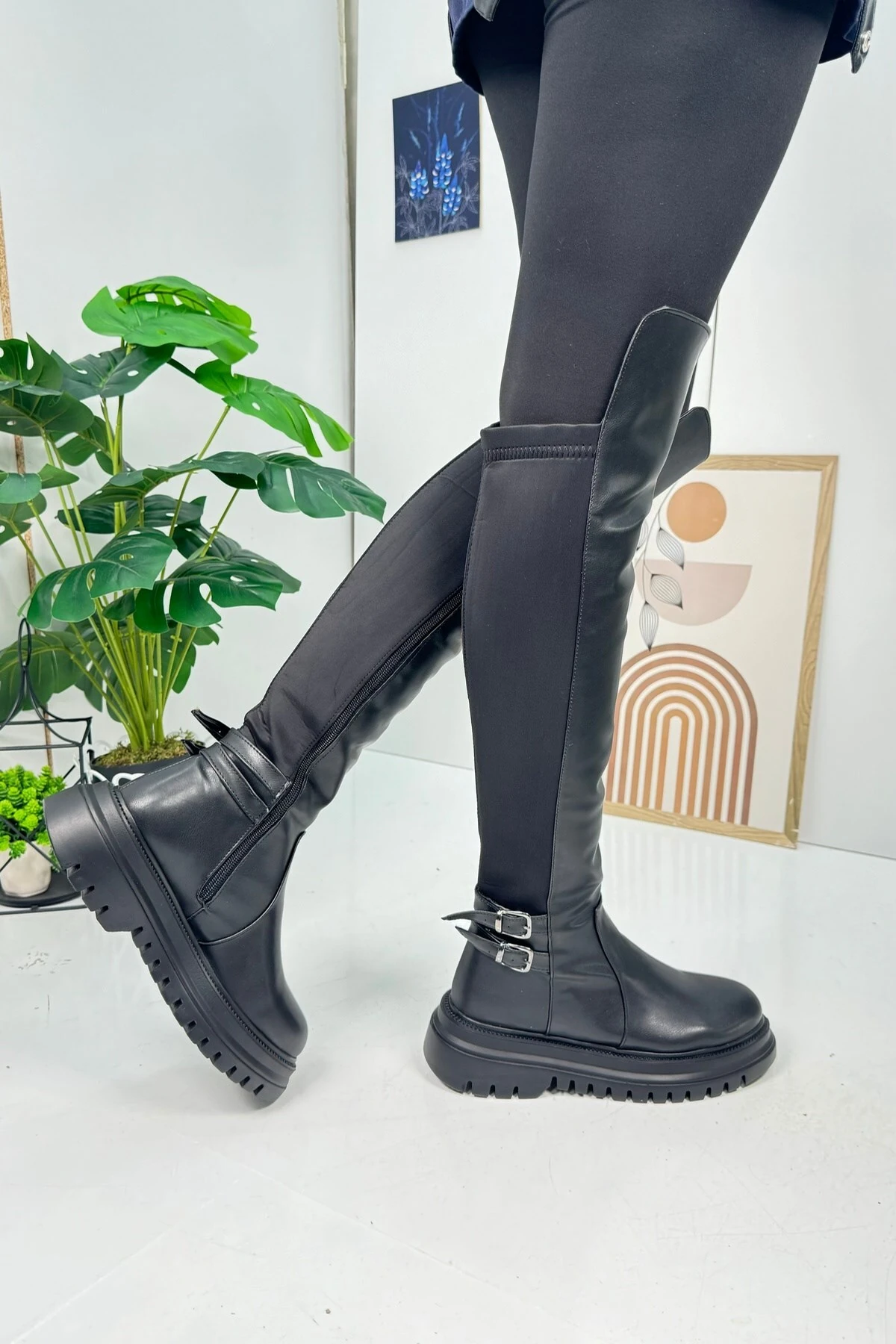 Günlük Kadın Çizme Kalın Tırtıklı Taban Dalgıç Kumaş Tokalı Dizüstü Fermuarlı Oval Burunlu 367