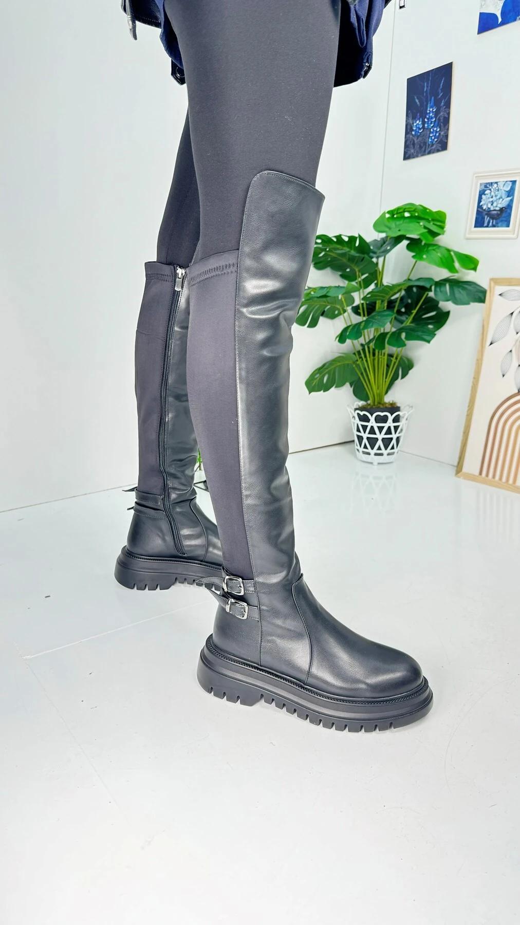 Günlük Kadın Çizme Kalın Tırtıklı Taban Dalgıç Kumaş Tokalı Dizüstü Fermuarlı Oval Burunlu 367