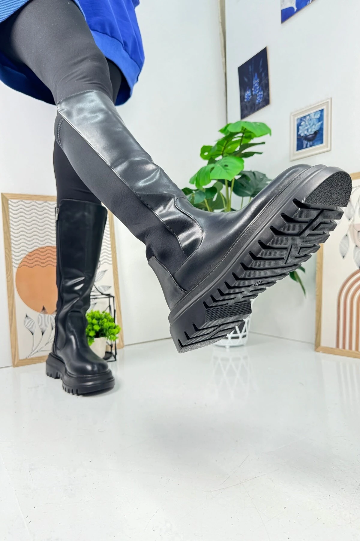 Günlük Kadın Çizme Kalın Tırtıklı Taban Dalgıç Kumaş Esnek Diz Altı Fermuarlı Oval Burunlu Rahat 365