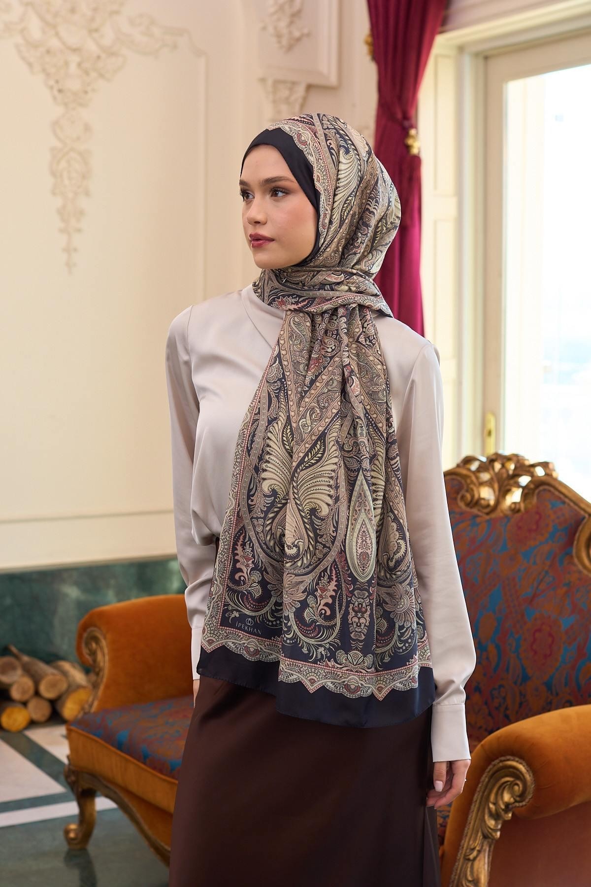 Desenli Vual Şal Siyah Su Yeşili Vual İpek Şal - 9804-18