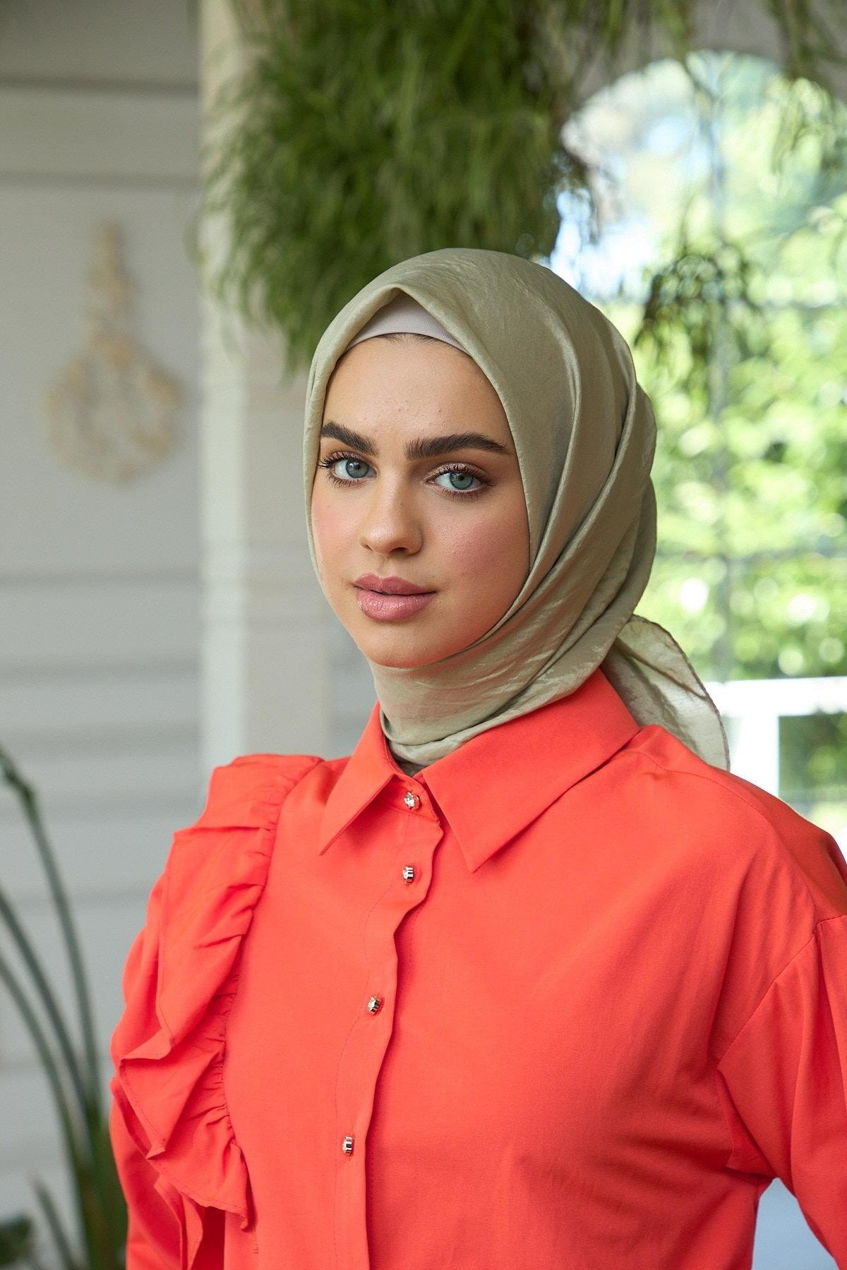 Düz Desen Vual Eşarp Açık Haki Vual İpek Eşarp - 10100-19