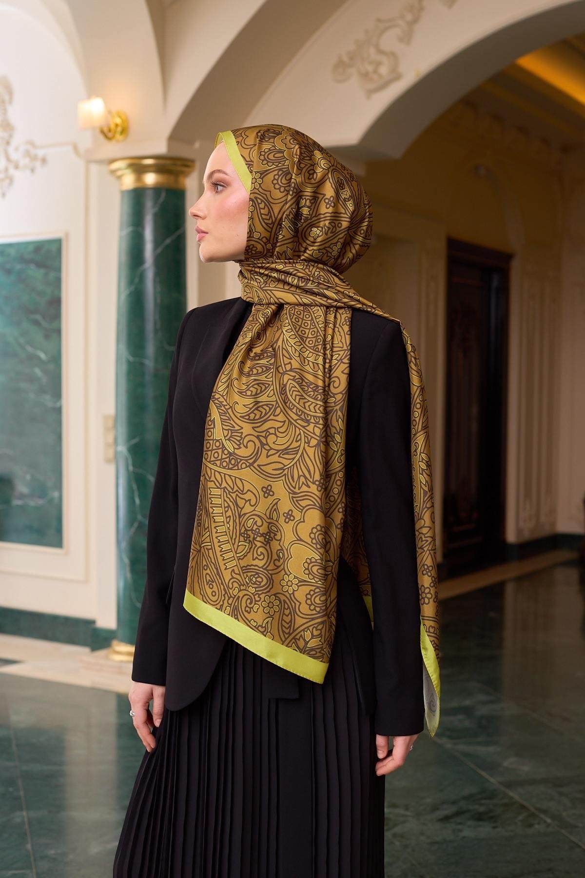 Desenli Vual Şal Yağ Yeşili Vual İpek Şal - 9803-30