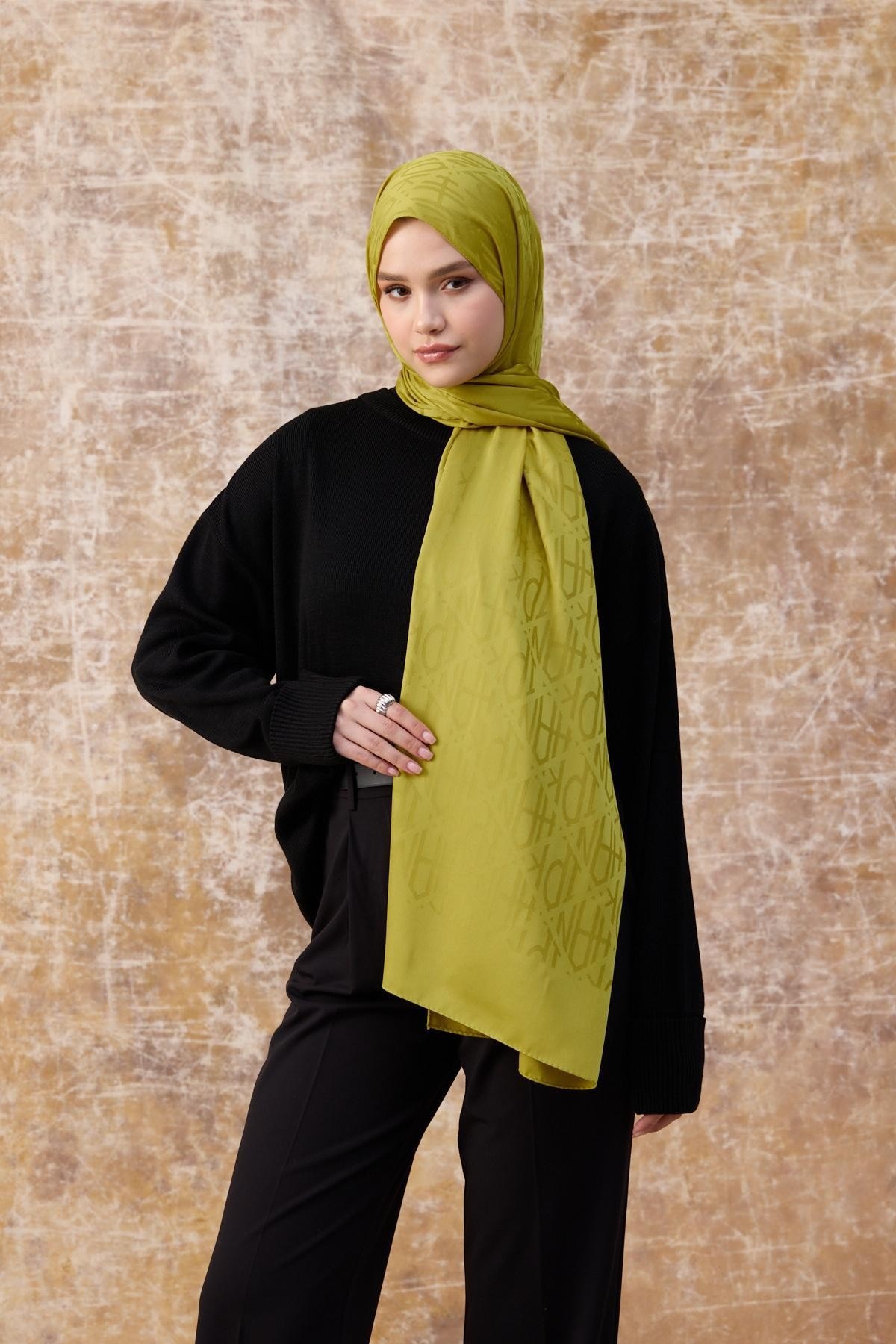 Fall Winter İpeksi Jakar Şal Yağ Yeşili 9020-04