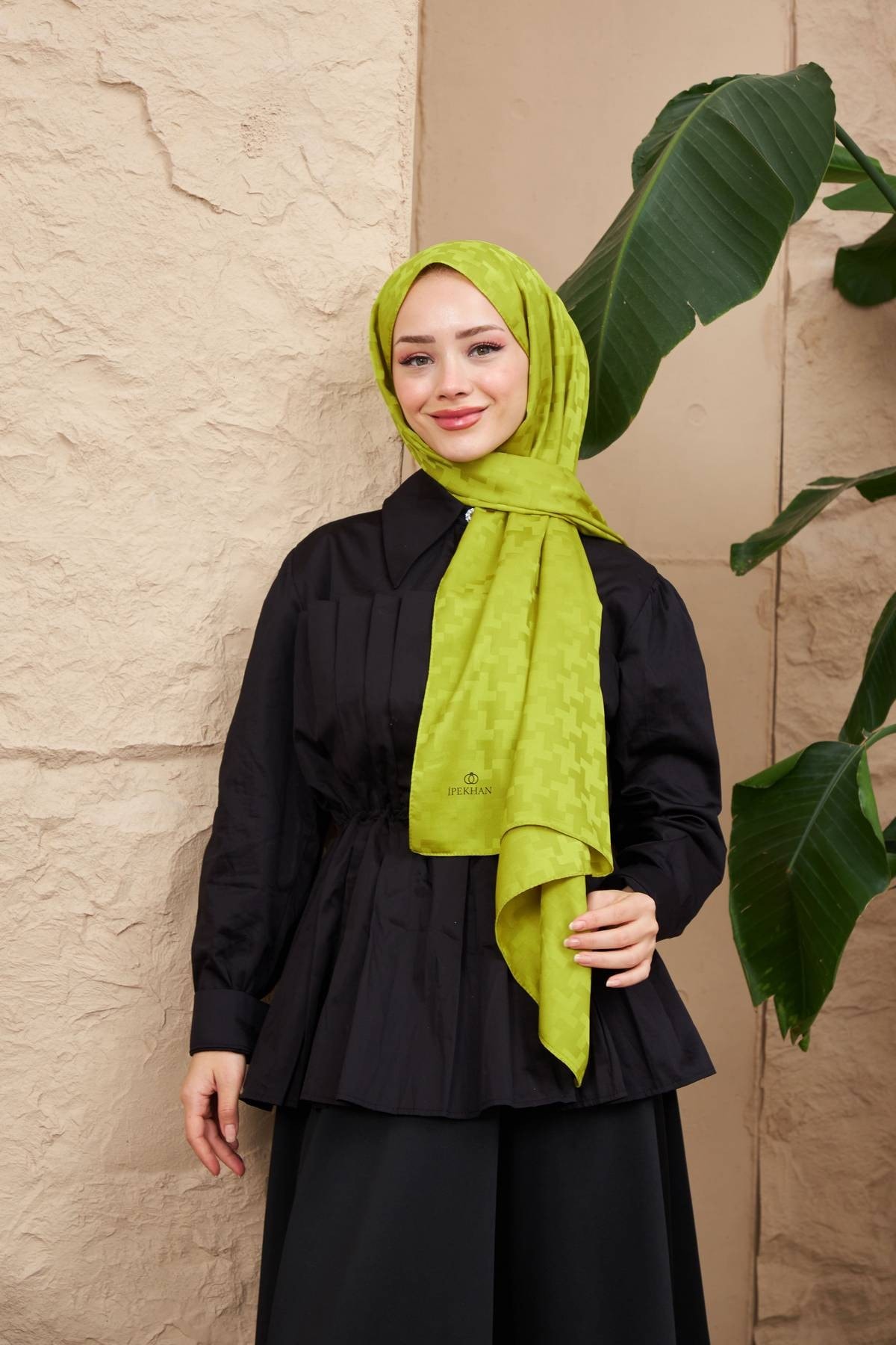 Cross Desen İpeksi Jakar Şal Yağ Yeşili 9006-21