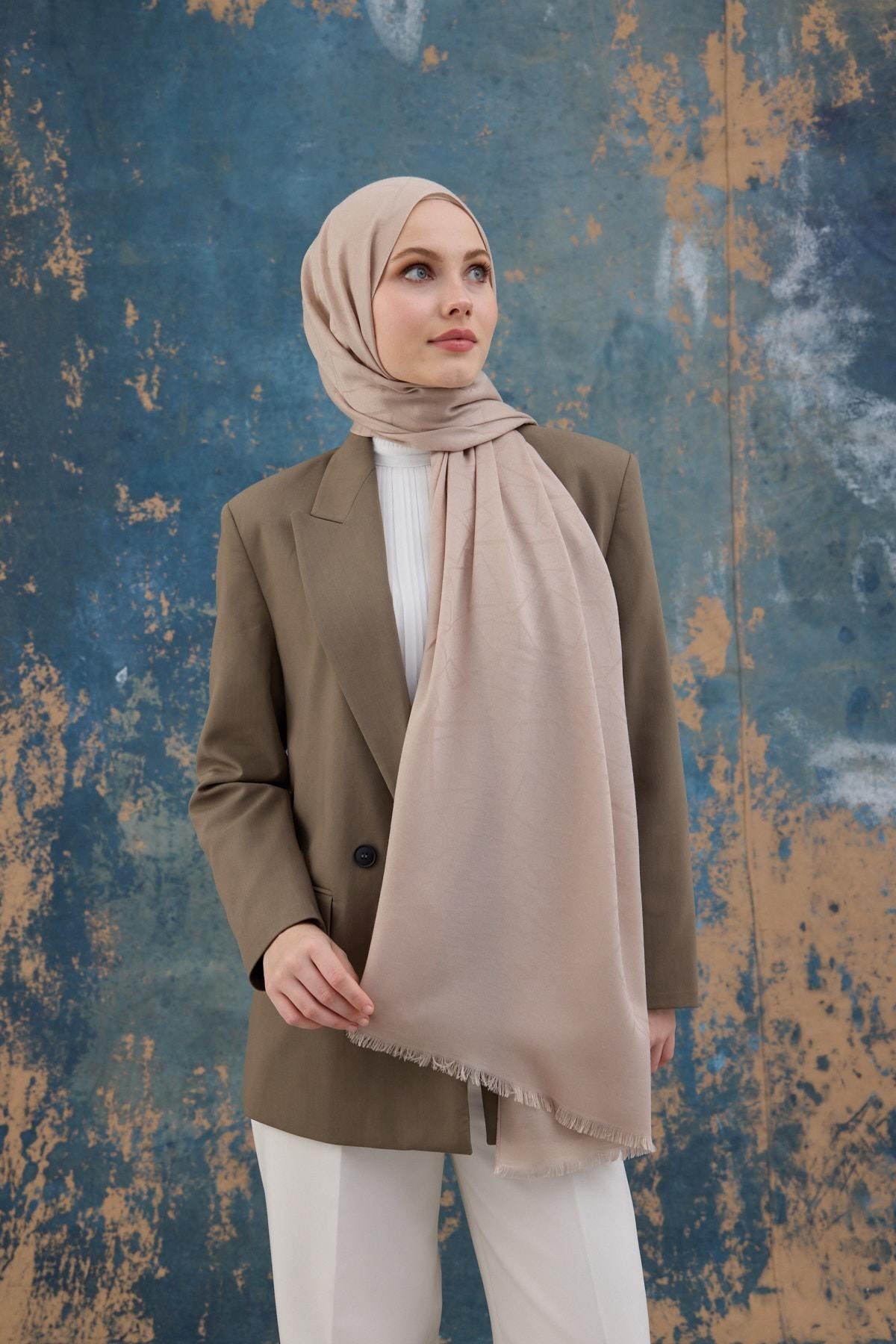 Kare Desen Pamuk Jakar Şal Bej 8012-27