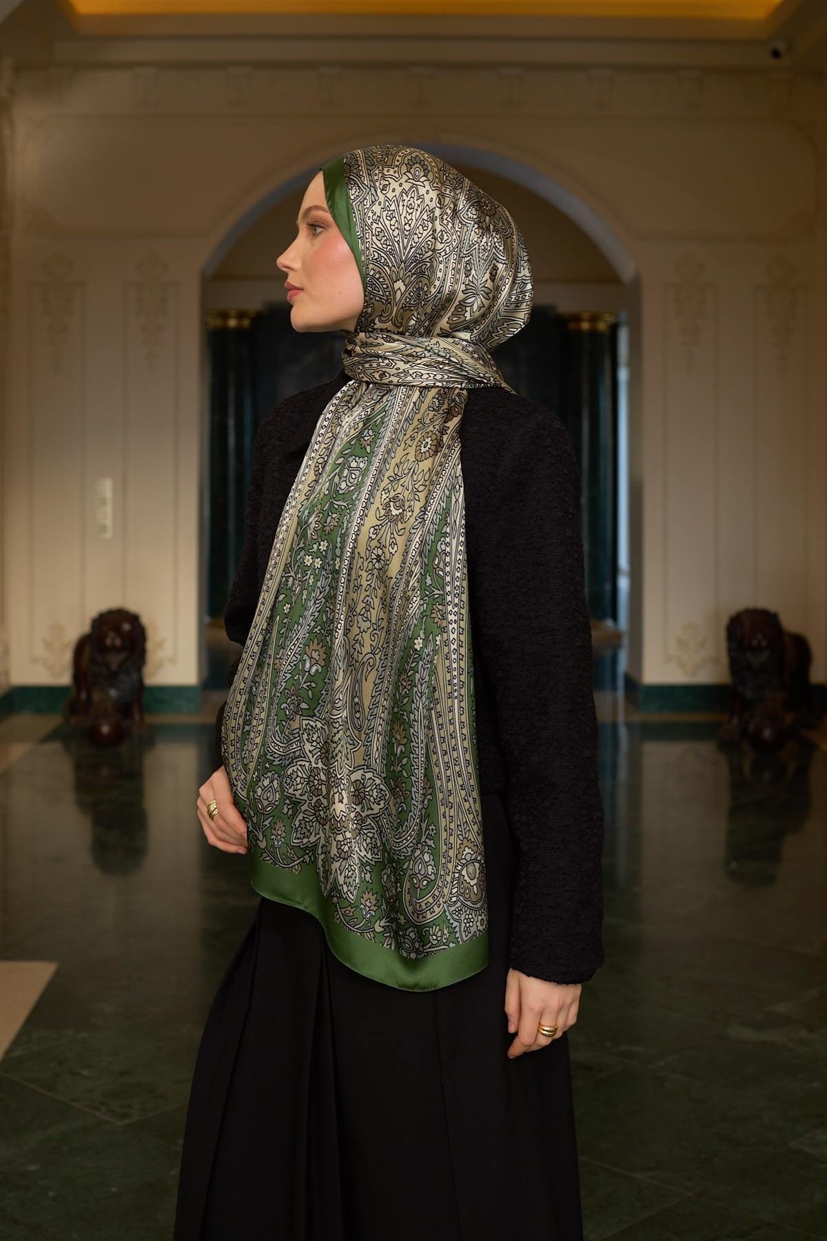 Haki Yeşil Hint Vual Şal - 5009-13